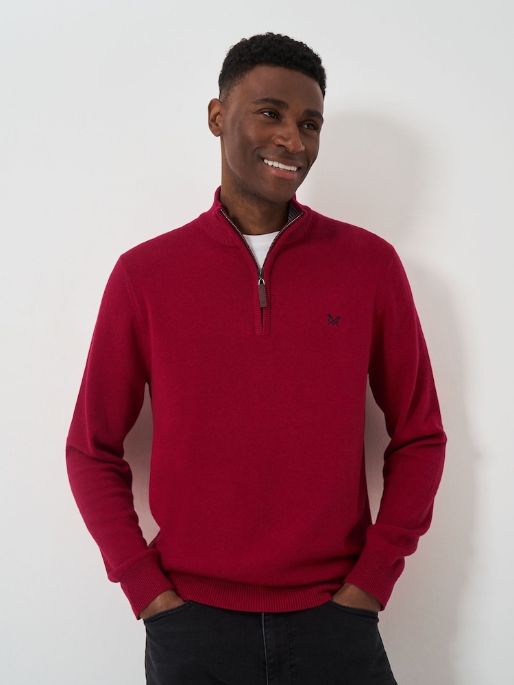 Crew Clothing Red Marun Quarter Zip Knitted 100% Cotton Jumper - Image 1 of 5
