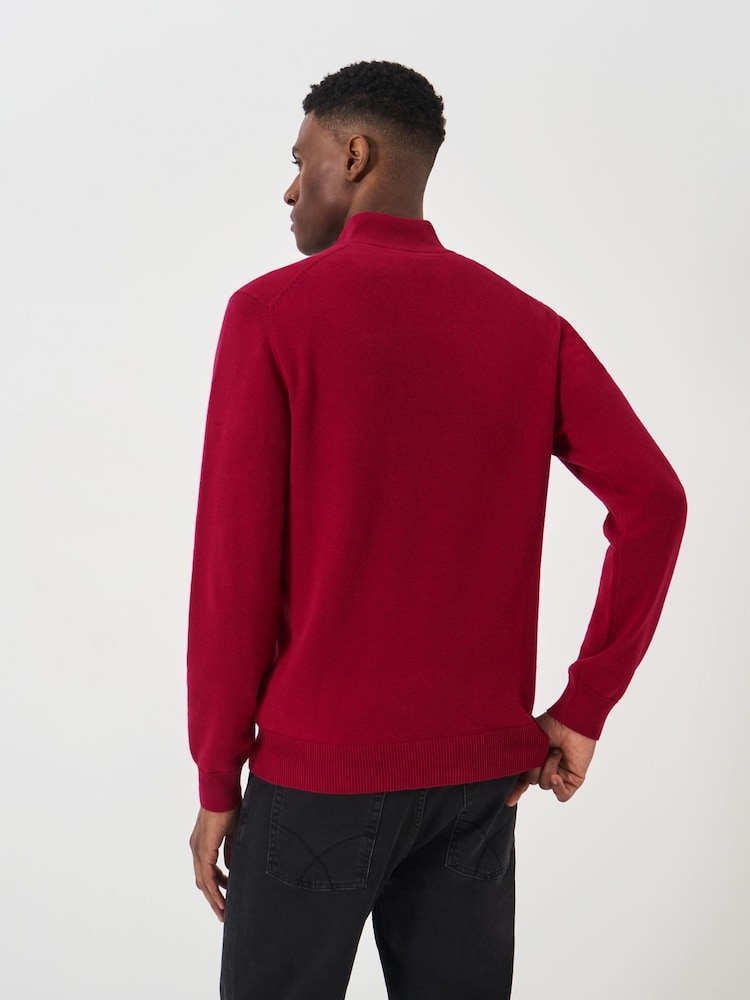 Crew Clothing Red Marun Quarter Zip Knitted 100% Cotton Jumper - Image 2 of 5
