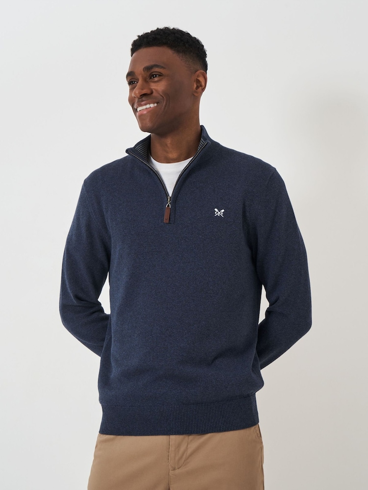Crew Clothing Blue Navy Quarter Zip Knitted 100% Cotton Jumper - Image 2 of 7