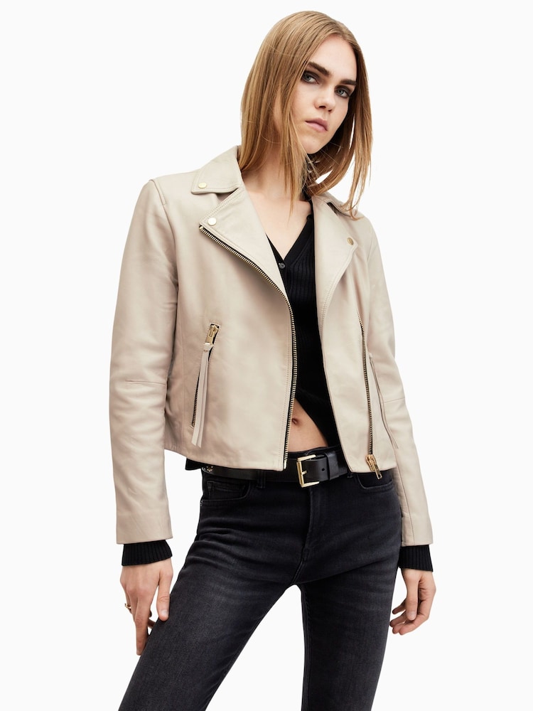 AllSaints Ivory White Dalby Biker  Jacket - Image 1 of 7
