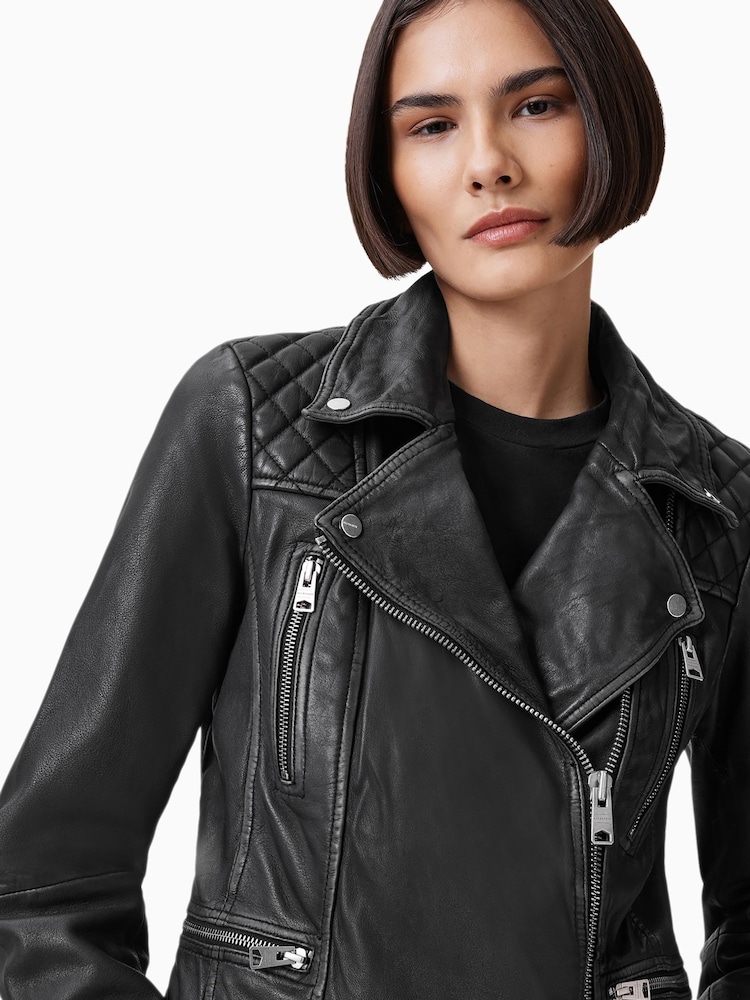 AllSaints Grey Cargo Black Distressed Leather Biker Jacket - Image 1 of 10 AllSaints Grey Cargo Black Distressed Leather Biker Jacket - Image 1 of 10