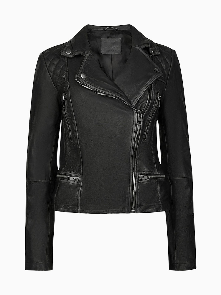 AllSaints Grey Cargo Black Distressed Leather Biker Jacket - Image 10 of 10
