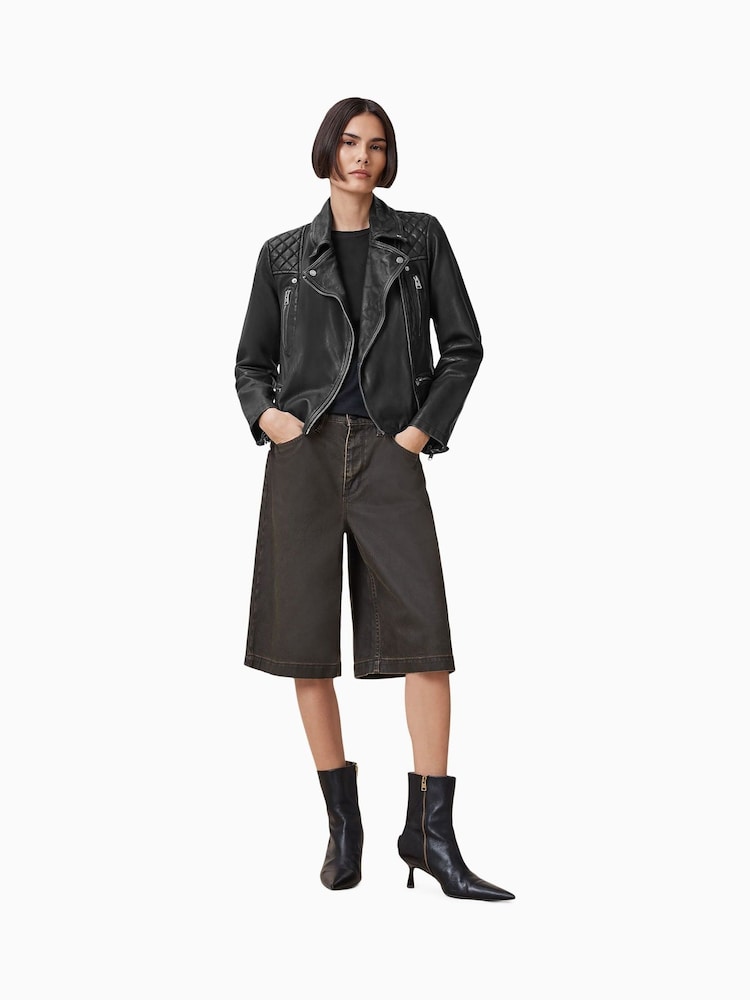 AllSaints Grey Cargo Black Distressed Leather Biker Jacket - Image 2 of 10 AllSaints Grey Cargo Black Distressed Leather Biker Jacket - Image 2 of 10