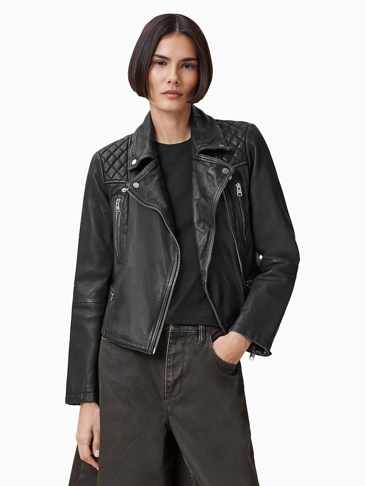 Buy AllSaints Grey Cargo Black Distressed Leather Biker Jacket