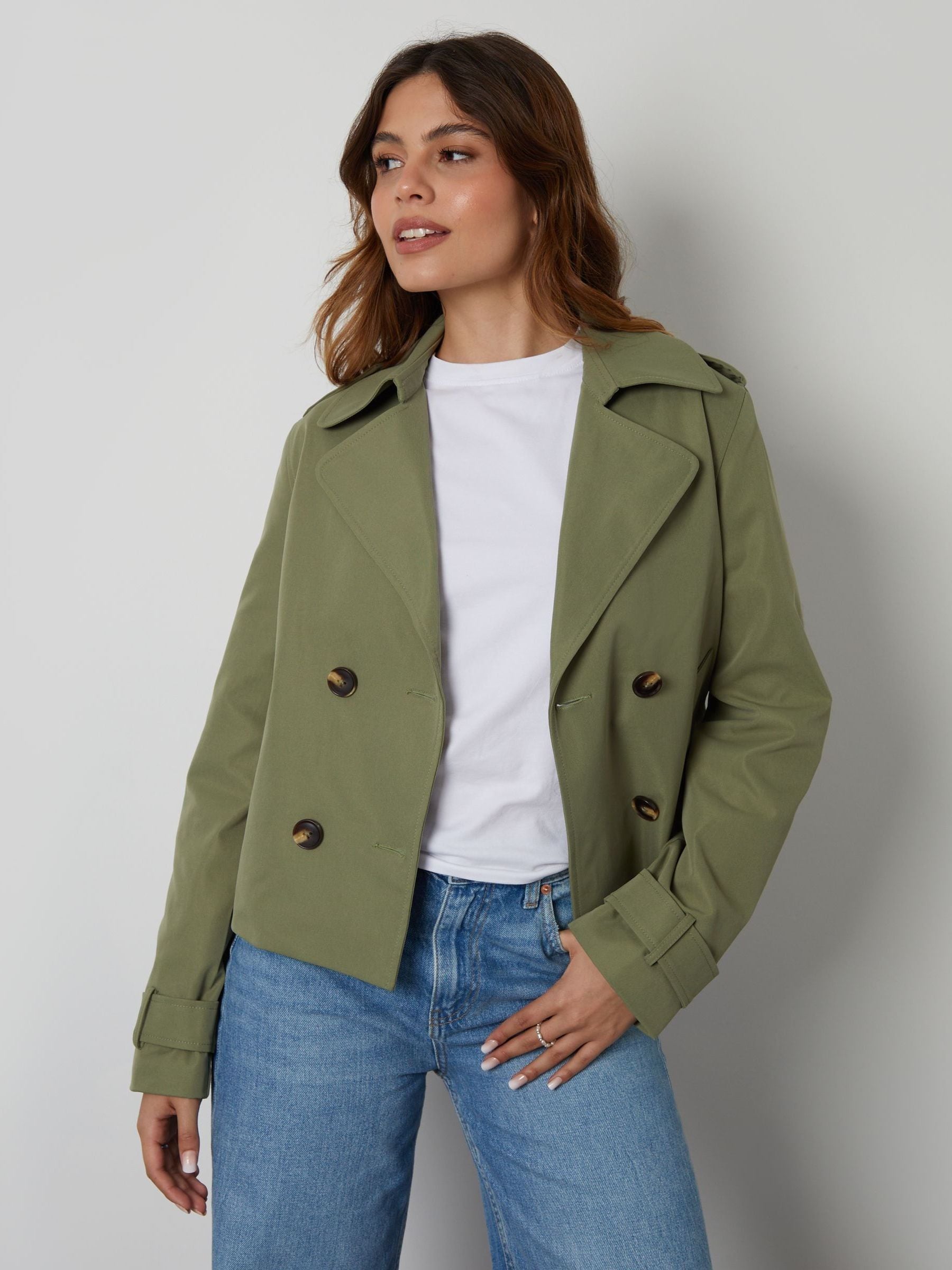 Buy Threadbare Green Double Breasted Cropped Trench Jacket from Buy Threadbare Green Double Breasted Cropped Trench Jacket from