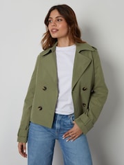 Grön - Threadbare Dubbelknäppt Croppad Trench Jacka - Bild 4 av 5
