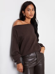 Threadbare Brown Slash Neck Knitted Jumper - Image 1 of 5