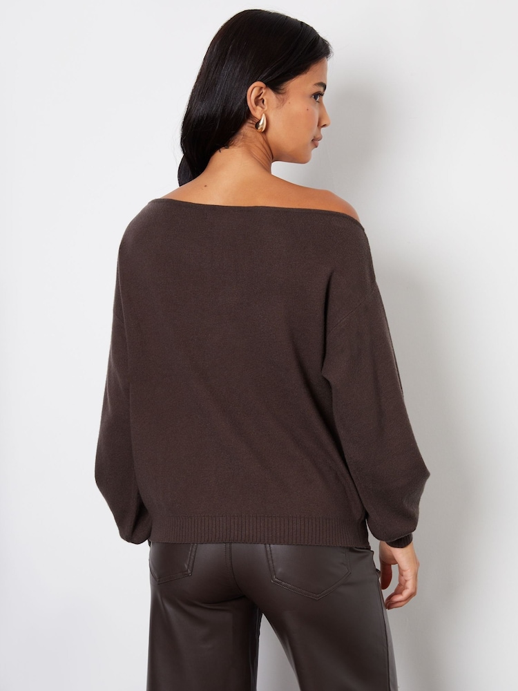 Threadbare Brown Slash Neck Knitted Jumper - Image 2 of 5