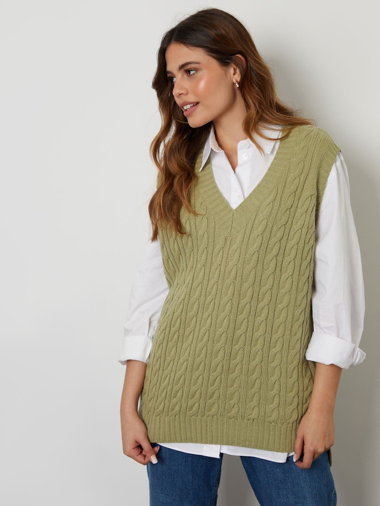 Threadbare Green V-Neck Cable Knit Vest - Image 1 of 4