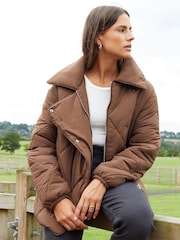Threadbare Brown Collared Diamond Quilted Short Jacket - Image 1 of 5