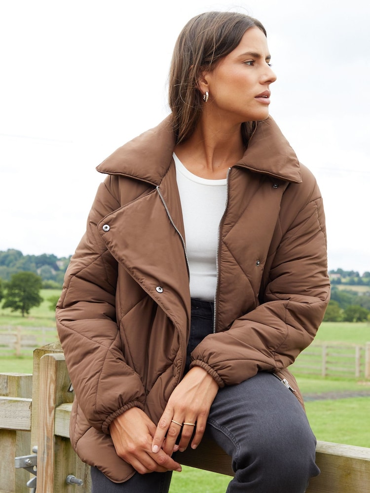Threadbare Brown Collared Diamond Quilted Short Jacket - Image 1 of 5