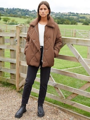 Threadbare Brown Collared Diamond Quilted Short Jacket - Image 3 of 5