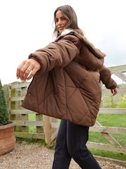 Threadbare Brown Collared Diamond Quilted Short Jacket - Image 4 of 5