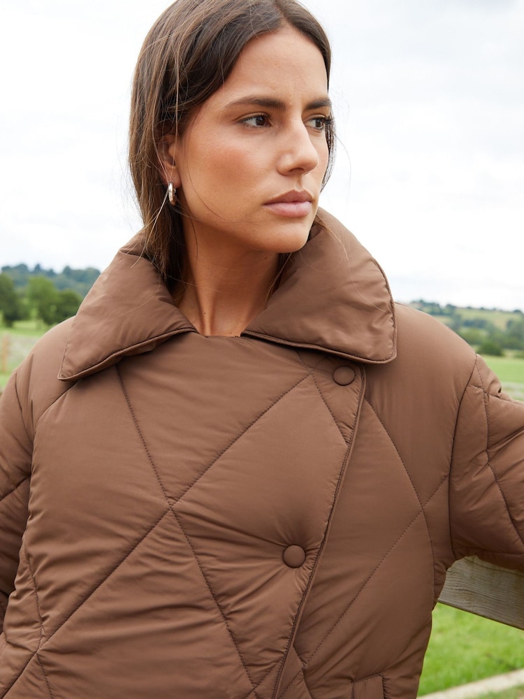 Threadbare Brown Collared Diamond Quilted Short Jacket - Image 5 of 5