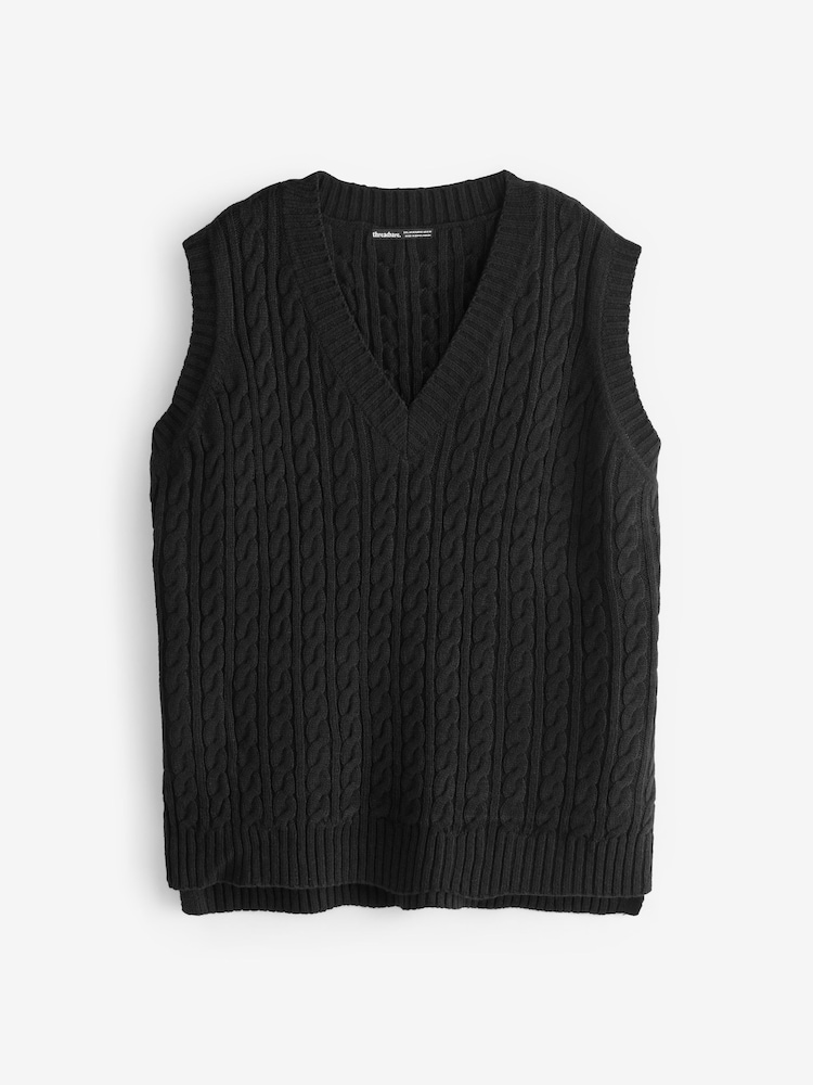 Threadbare Black V-Neck Cable Knit Vest - Image 1 of 1