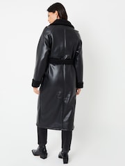 Threadbare Black Longline Faux Fur Trim Aviator Coat - Image 2 of 6