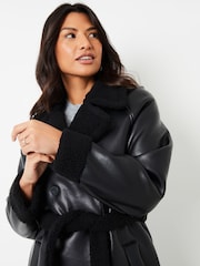 Threadbare Black Longline Faux Fur Trim Aviator Coat - Image 4 of 6