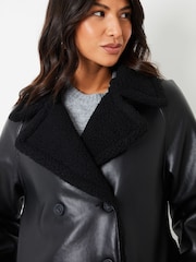 Threadbare Black Longline Faux Fur Trim Aviator Coat - Image 5 of 6