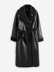 Threadbare Black Longline Faux Fur Trim Aviator Coat - Image 6 of 6
