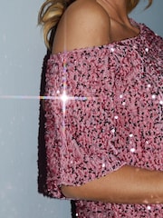 Threadbare Pink Sequin Velour Drop Shoulder Top - Image 4 of 5