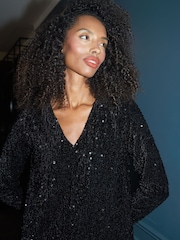 Threadbare Black Mini Sequin Velour V-Neck Long Sleeve Dress - Image 2 of 4