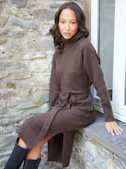 Threadbare Brown Belted Roll Neck Knitted Midi Jumper Dress - Image 1 of 4