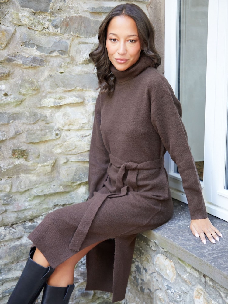 Threadbare Brown Belted Roll Neck Knitted Midi Jumper Dress - Image 1 of 4