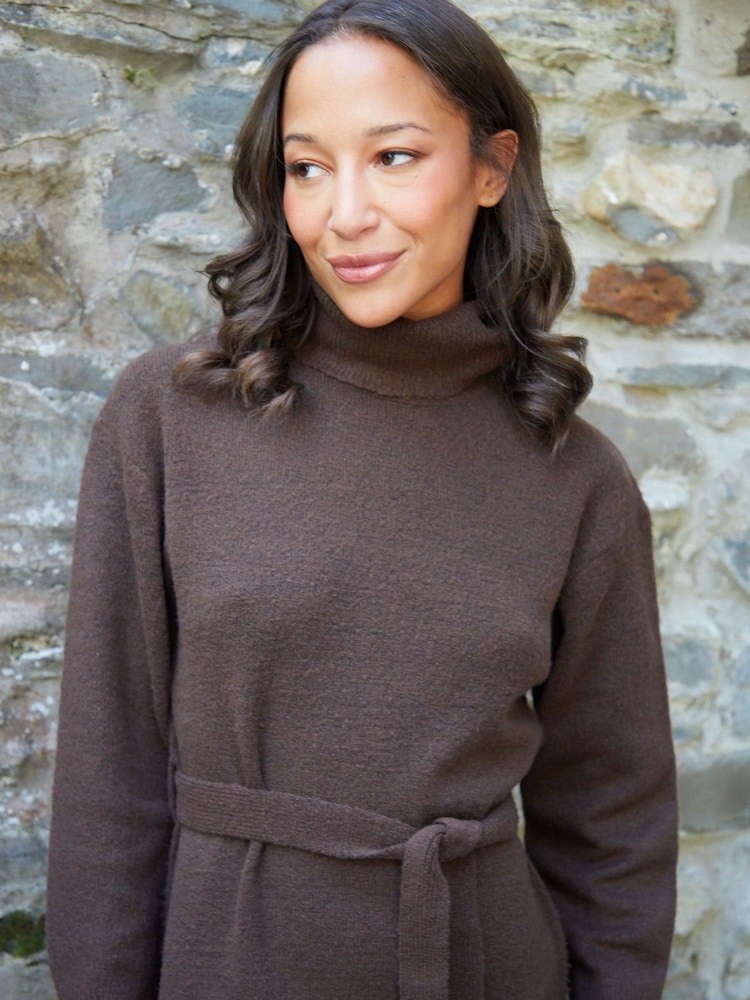 Threadbare Brown Belted Roll Neck Knitted Midi Jumper Dress - Image 4 of 4