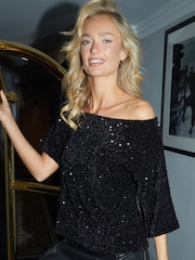 Threadbare Black Sequin Velour Drop Shoulder Top - Image 1 of 4