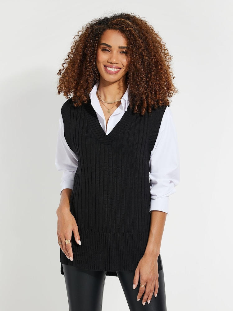 Threadbare Black Curve V-Neck Ribbed Knitted Sweater Vest - Image 1 of 4