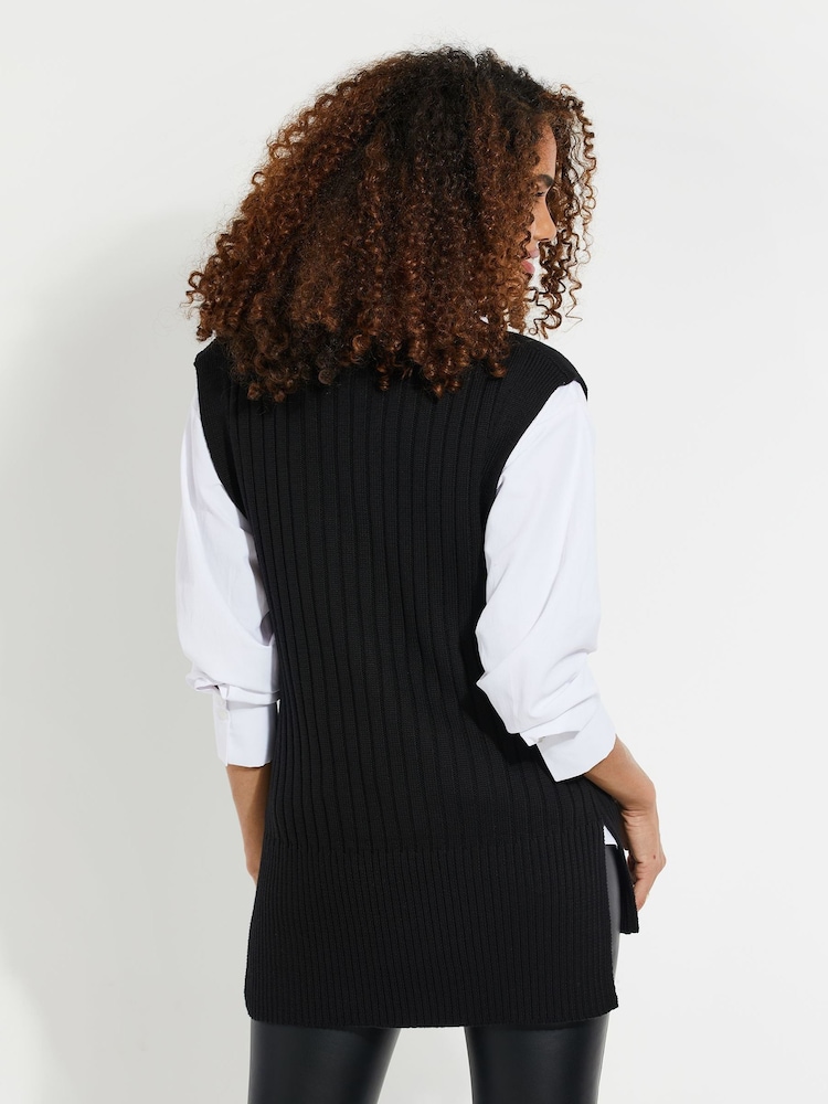 Threadbare Black Curve V-Neck Ribbed Knitted Sweater Vest - Image 2 of 4