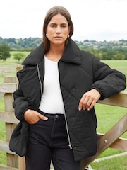 Threadbare Black Collared Diamond Quilted Short Jacket - Image 1 of 4