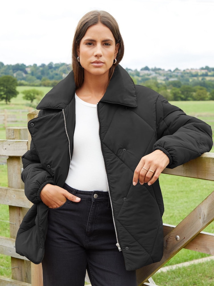 Threadbare Black Collared Diamond Quilted Short Jacket - Image 1 of 4