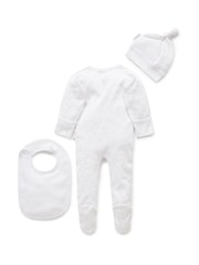 Purebaby White 100% Cotton Baby Hat, Bib & Sleepsuit Set - Image 1 of 5