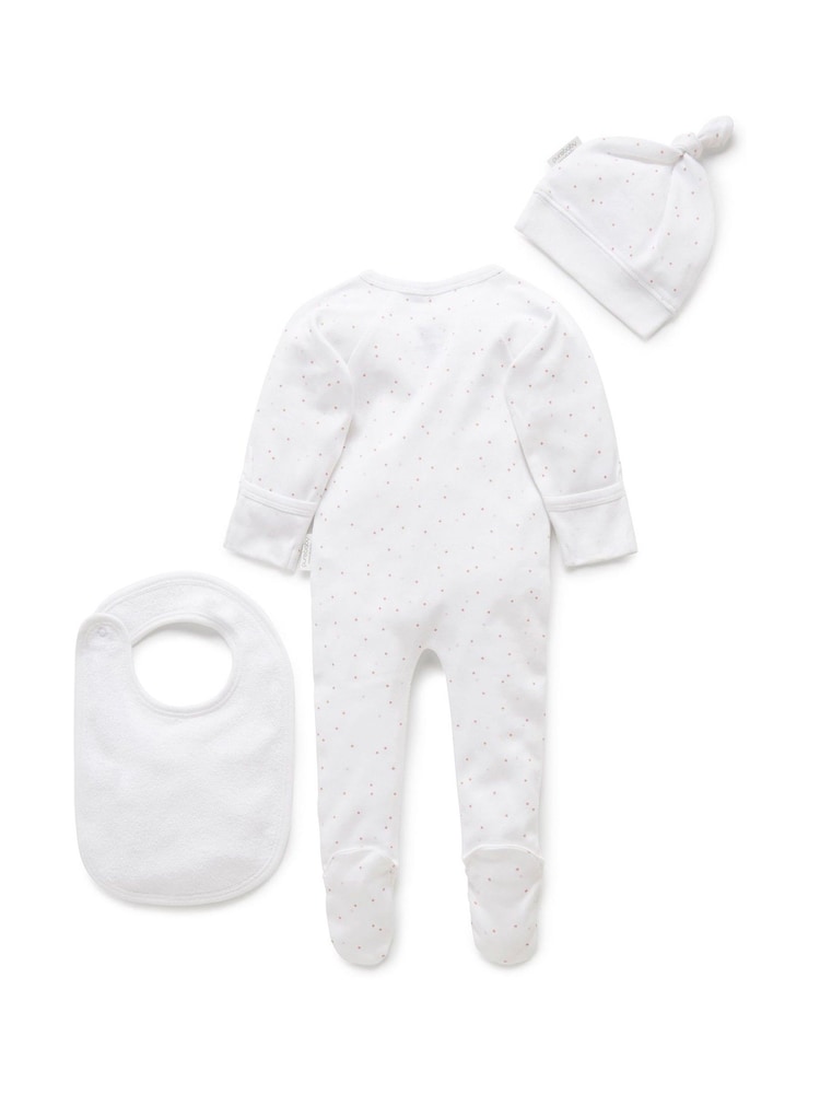 Purebaby White 100% Cotton Baby Hat, Bib & Sleepsuit Set - Image 1 of 5