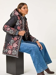 Roman Black Floral Quilted Hooded Coat - Image 1 of 5