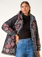Roman Black Floral Quilted Hooded Coat - Image 2 of 5