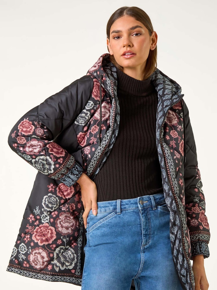 Roman Black Floral Quilted Hooded Coat - Image 2 of 5