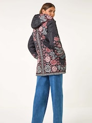 Roman Black Floral Quilted Hooded Coat - Image 3 of 5