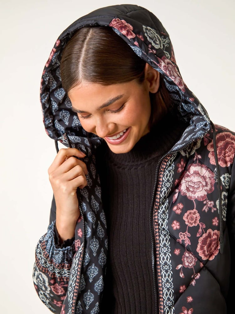Roman Black Floral Quilted Hooded Coat - Image 5 of 5