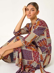 Roman Red Patchwork Midi Shirt Dress - Image 1 of 5
