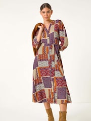 Roman Red Patchwork Midi Shirt Dress - Image 2 of 5
