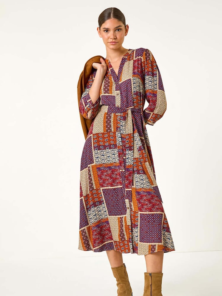 Roman Red Patchwork Midi Shirt Dress - Image 2 of 5