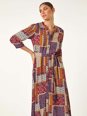 Roman Red Patchwork Midi Shirt Dress - Image 4 of 5