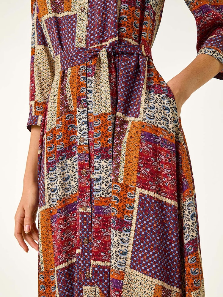 Roman Red Patchwork Midi Shirt Dress - Image 5 of 5