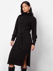 Threadbare Black Belted Roll Neck Knitted Midi Jumper Dress - Image 1 of 4