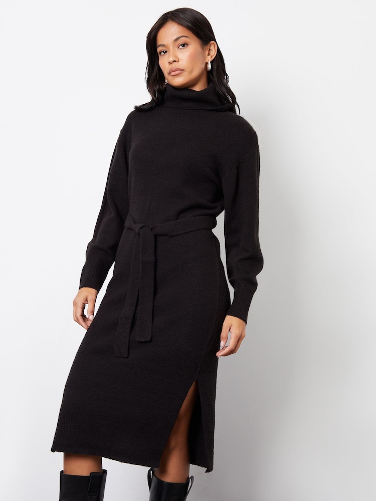 Threadbare Black Belted Roll Neck Knitted Midi Jumper Dress - Image 1 of 4