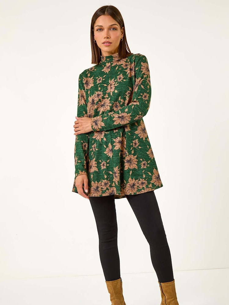 Roman Green Floral Print High Neck Stretch Tunic Top - Image 2 of 5