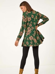 Roman Green Floral Print High Neck Stretch Tunic Top - Image 3 of 5