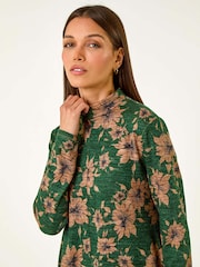 Roman Green Floral Print High Neck Stretch Tunic Top - Image 4 of 5